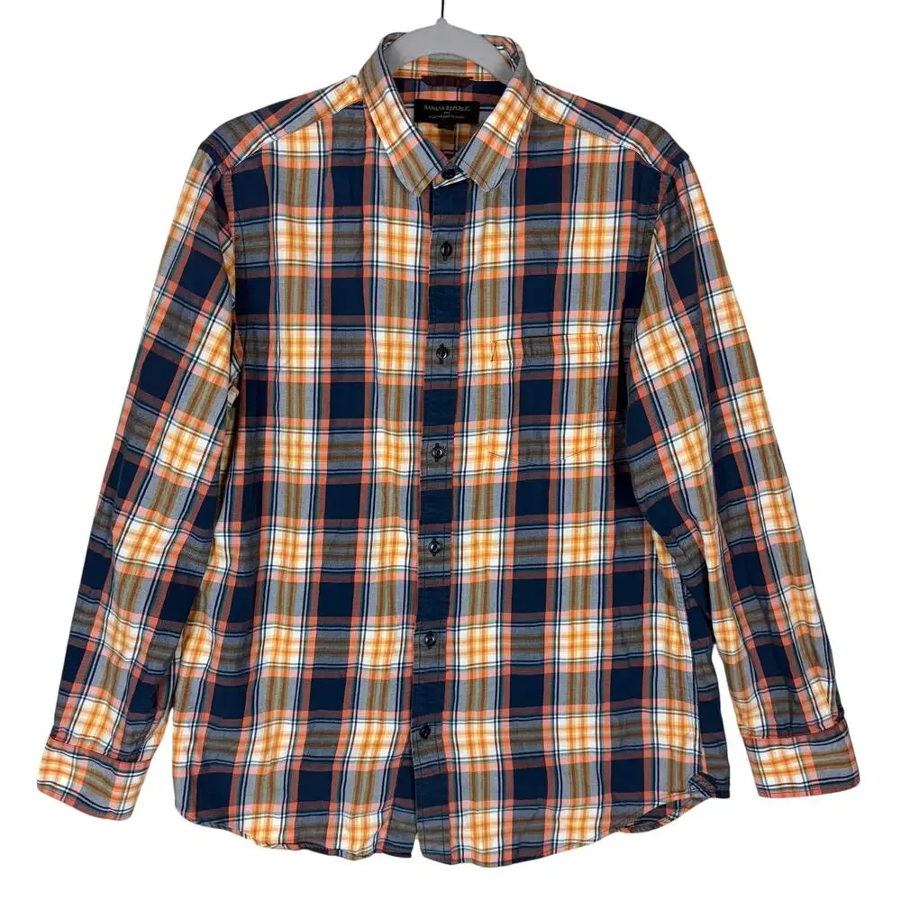 Banana Republic Shirt Men Medium Orange Blue Plaid Lightweight Flannel Button-Up